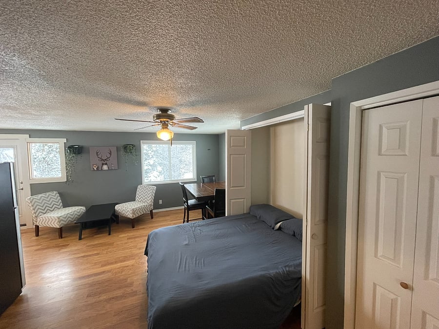 Murphy bed and living area in ADU