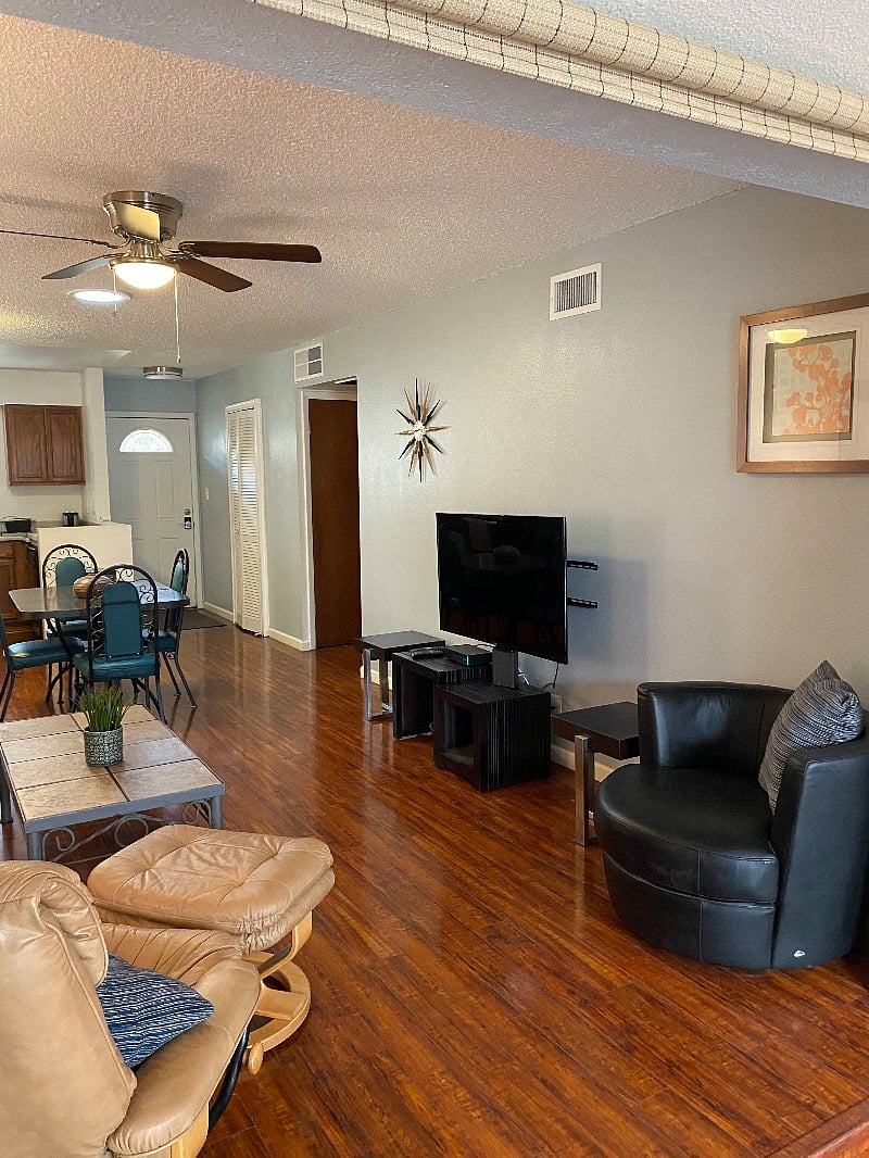 long view of the living rm dining room