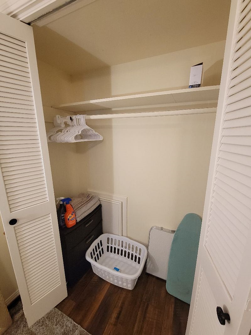 Closet with hangers, laundry basket, drawers - ready for you to put away your clothes and make yourself home! Ironing board and iron included, along with some fabric sprays so you stay looking and smelling fresh!