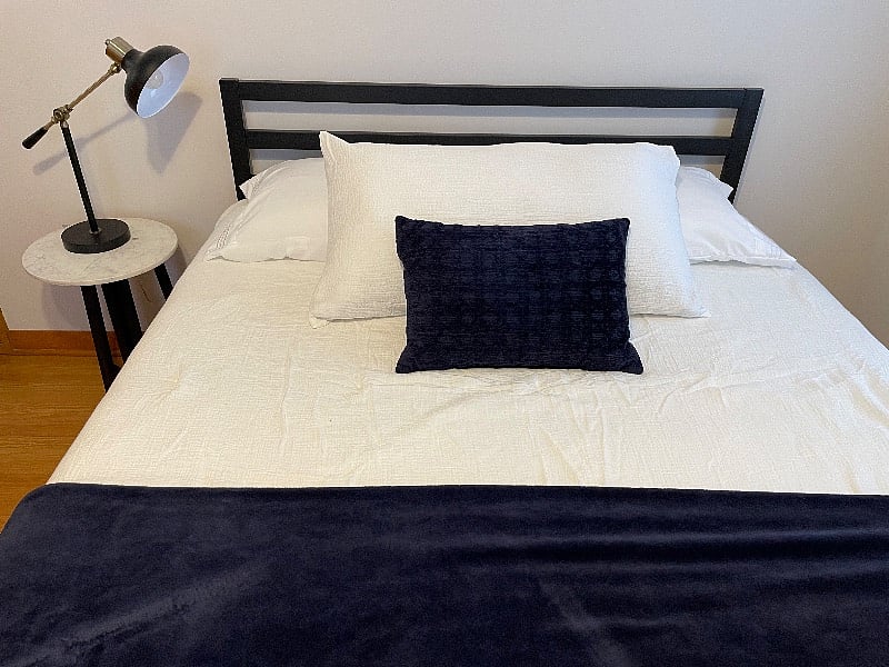 Queen Size Bed. Ceiling Fan with LED lights in bedroom.
