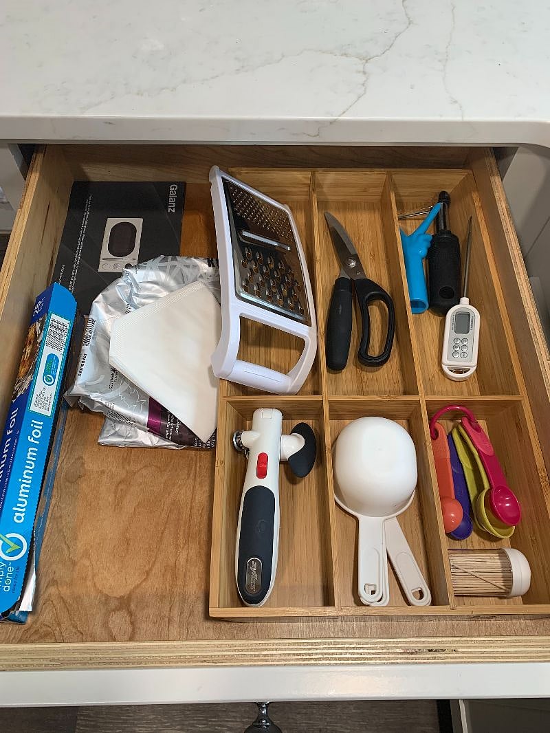 All kitchen utensils you may ever need. Coffee enough for 1 pot, and 4-5 coffee filters available until you are able to get to the store