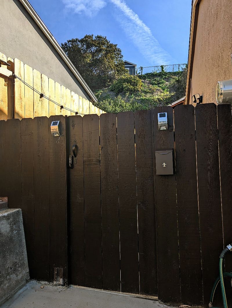 Private entry area is lit by motion sensor and solar lighting. The hill in the back is my property, so the studio is kept safe, private, and quiet.