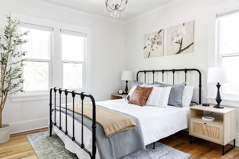 The guest bedroom sits at the front of the house