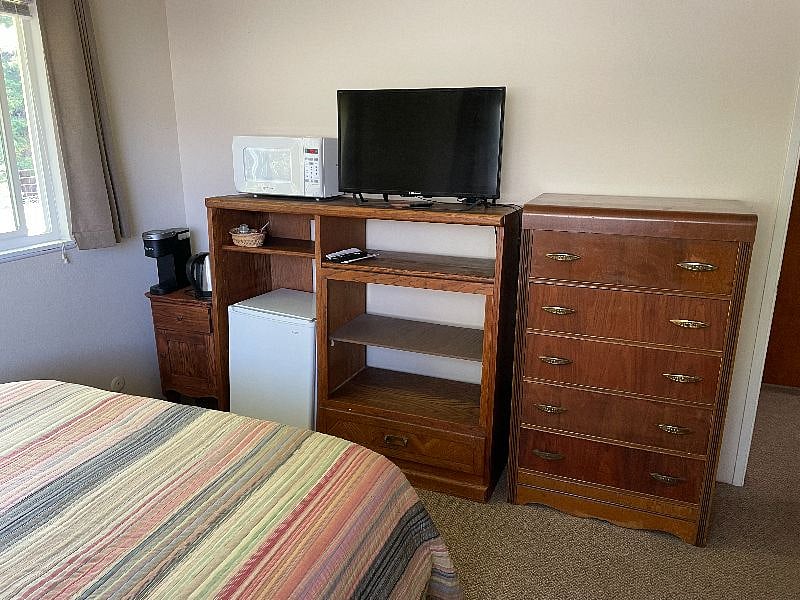 You have your own private mini-fridge, microwave, coffee maker and electric teakettle, plus storage for any kitchen supplies you bring with you. And, of course, a smart tv with access to your Netflix ( and other streaming) account.