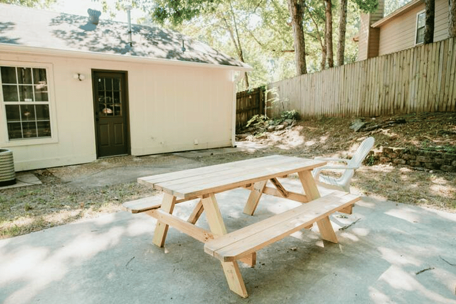 Backyard patio with picnic table