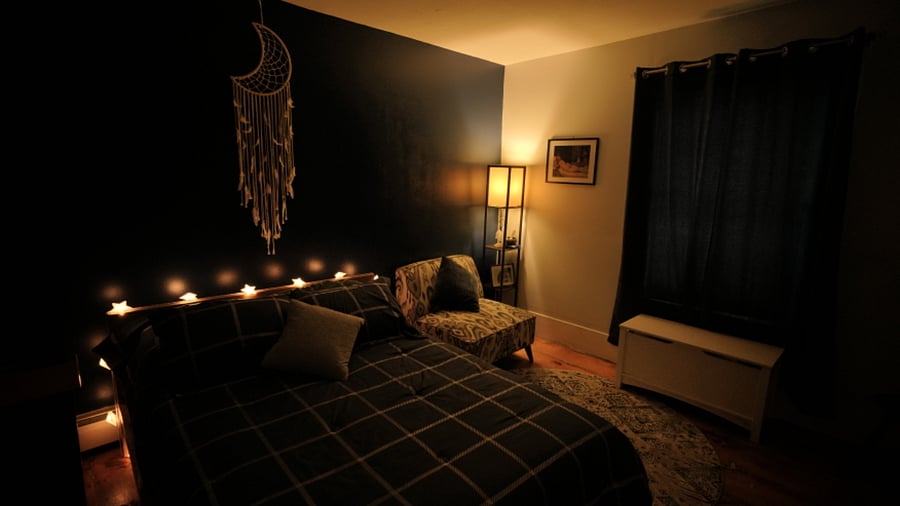 Room Darkening Curtains.
Photo taken at 10 am with shades and curtains drawn.