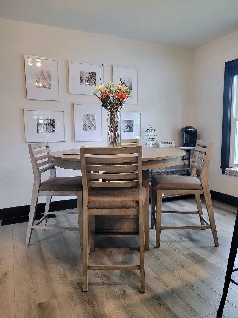 Dining room table with coffee bar in the back ground:)