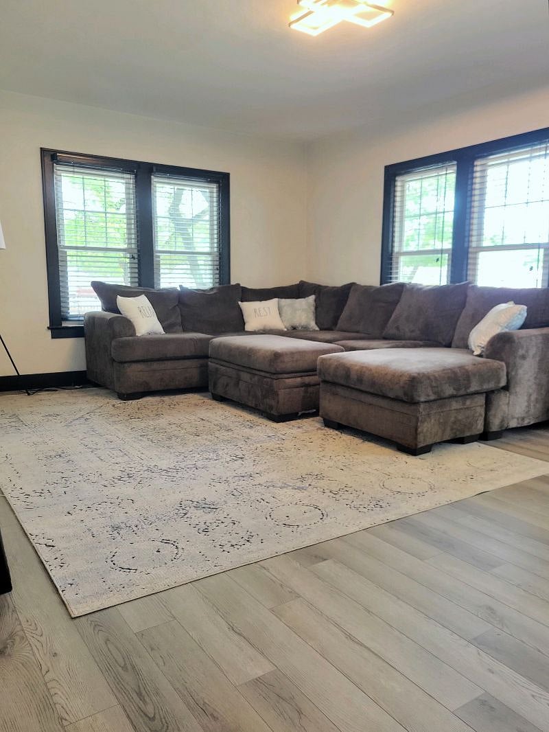 Extremely comfortable sectional couch from dining room view 