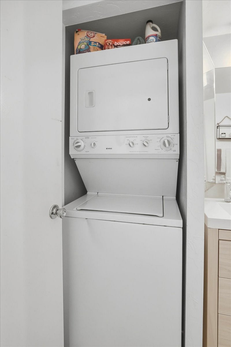 Reliable washer/dryer unit in bathroom and Starter essential kit included to get you going. There's a storage closet to the left of these - for larger items of yours that need storage space! "Adventure Toys"? Bring them!!
