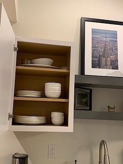 Full set of white dishes.