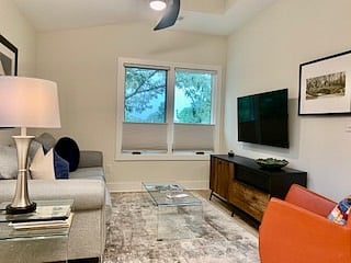 Living room with top down, bottom up shades for as much view or privacy as you want.