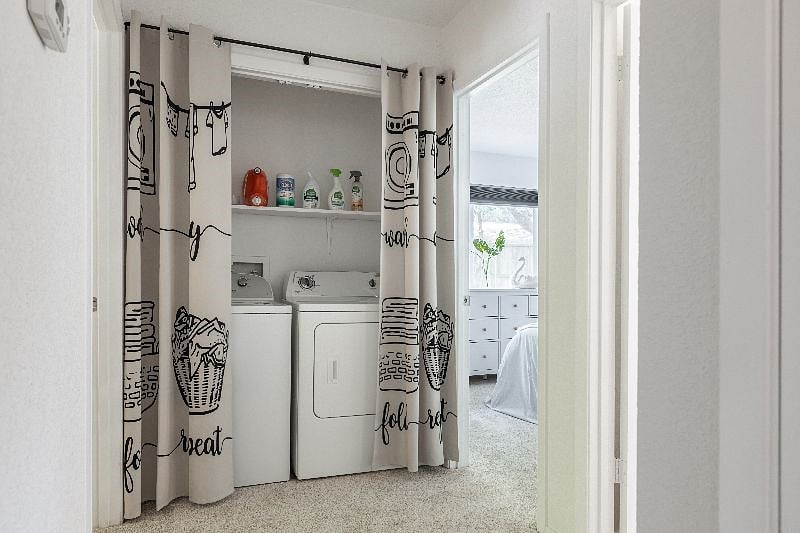 Laundry room is provided with detergent, softener, and all essential cleaning supplies. It seats in the middle of two bedrooms but its noise is hardly able to disturb you thanks to high quality washer/dryer.