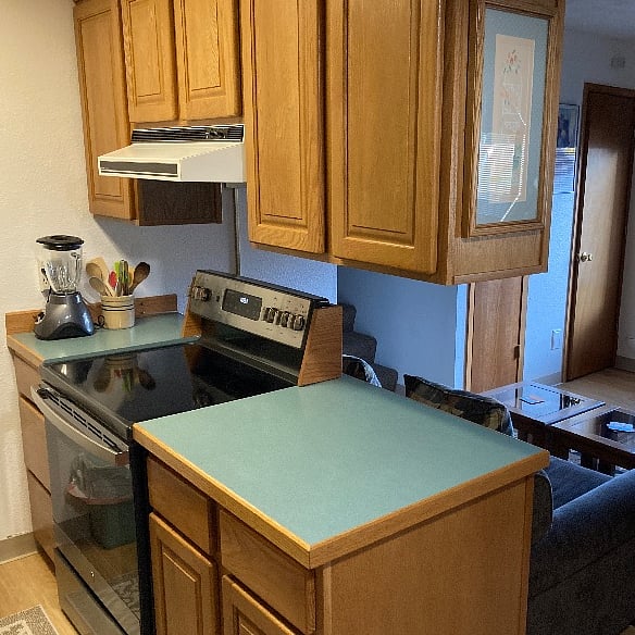 New flat surface stove and newly added stainless steel overhead fan added. (note in photo - recent addition)