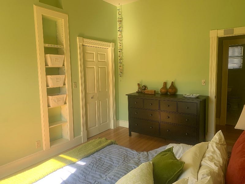 Master bedroom closet, shelving and dresser drawers