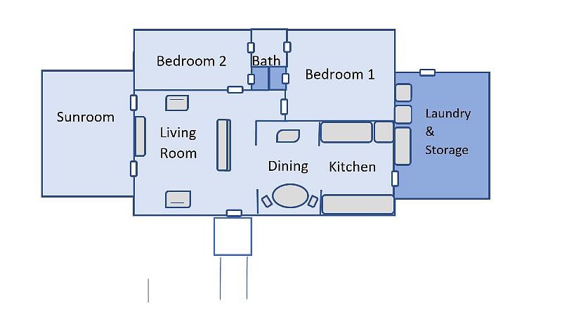 House layout: 2 bedrooms & Sunroom w/ trundle bed.