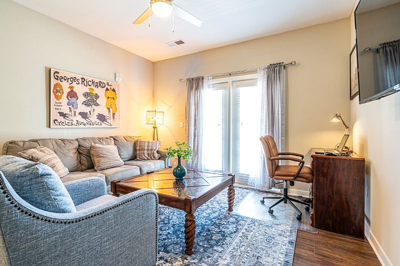 Relax in the living room and catch the latest sports and entertainment on your 50-inch Smart TV. The comfortable sofa definitely will tempt you to nap once sat upon.  The sofa also folds out into a queen-size sleeper.