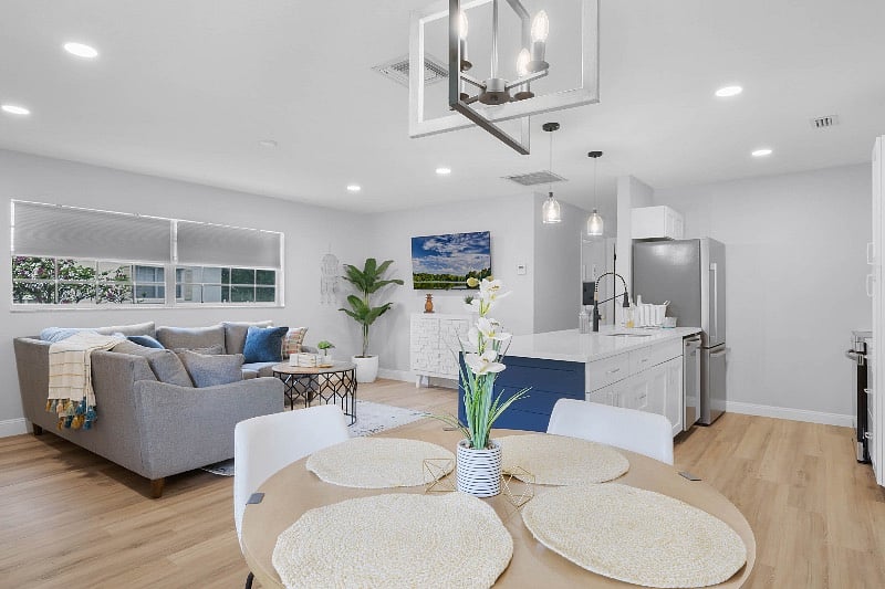 Open living, kitchen and dining
