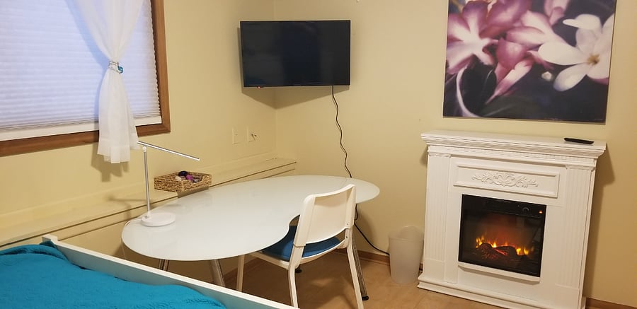 Bedroom #1, with large desk, TV, and electric fireplace/heater
