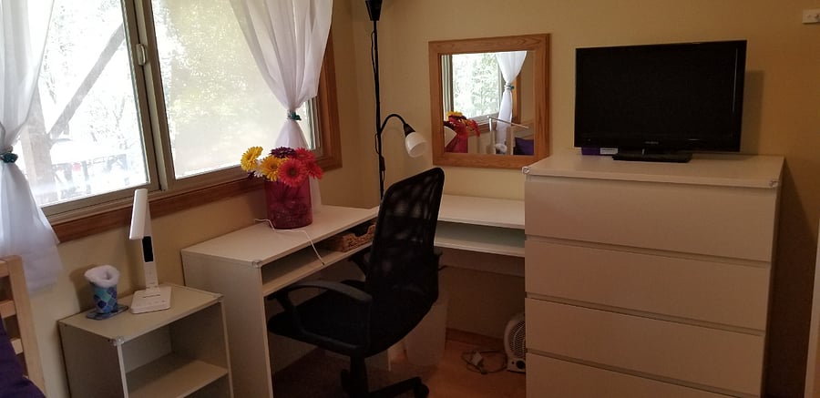 Bedroom #2, with double desk, dresser, mirror, and TV