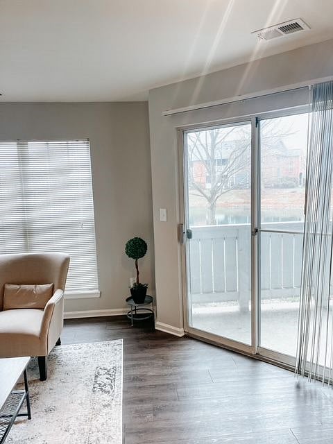 Living room, view to patio and surrounding lake.