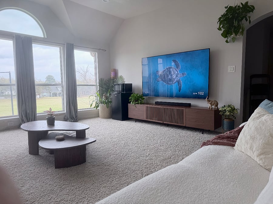 Huge bonus room located upstairs on same level as bedroom. Fridge, microwave and 85 smart TV. 