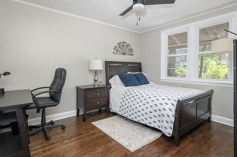 Full bed, large dresser, desk, closet