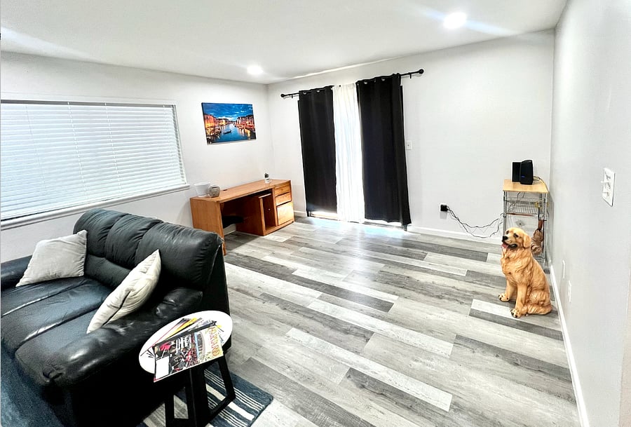 A desk is located in the first floor. Fast wifi will make streaming and zoom calls a breeze. Spike, our ceramic dog will provide you company!
