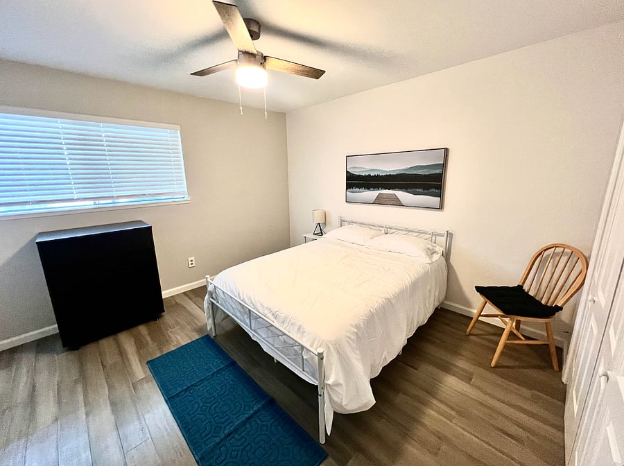 The Blue Bedroom comes with a comfortable full size bed, a closet, and chest drawer.