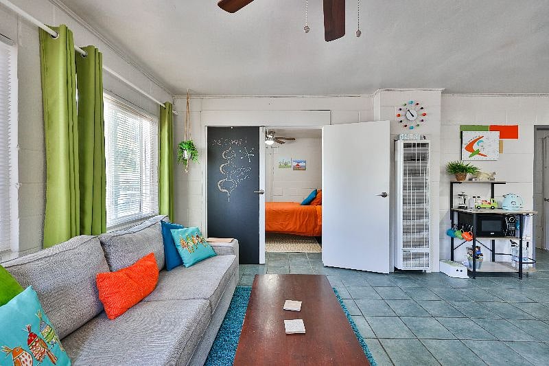 Colorful interior and soft furnishings.