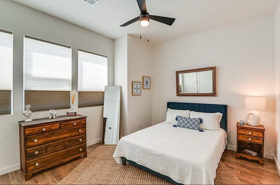 Second floor bedroom with blackout blinds
