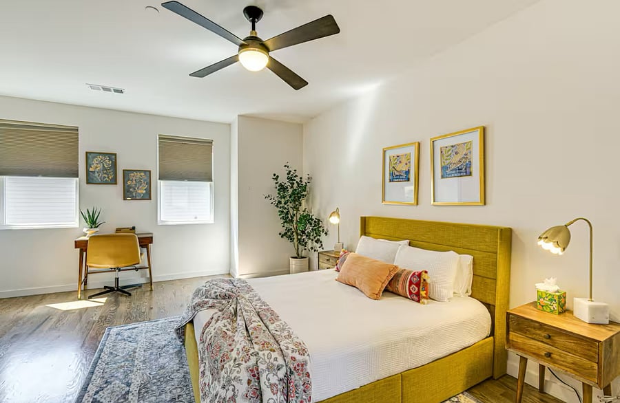 Primary bed on 3rd floor with blackout blinds