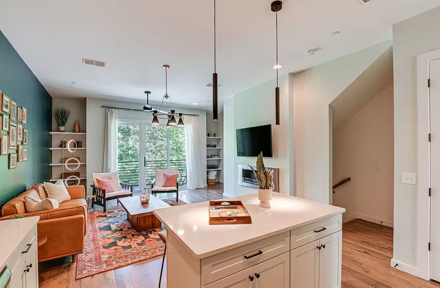 Second floor main living area- kitchen, countertop dining, and living room