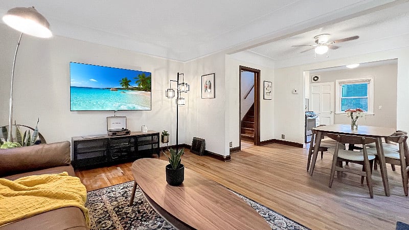 The main level has an open concept from the living area, through the dining room, into the kitchen.