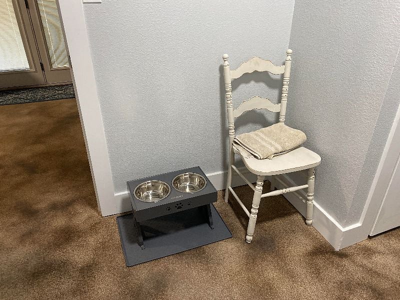 Dog bowl that be raised and lowered, as well as, a towel for puppy paws.