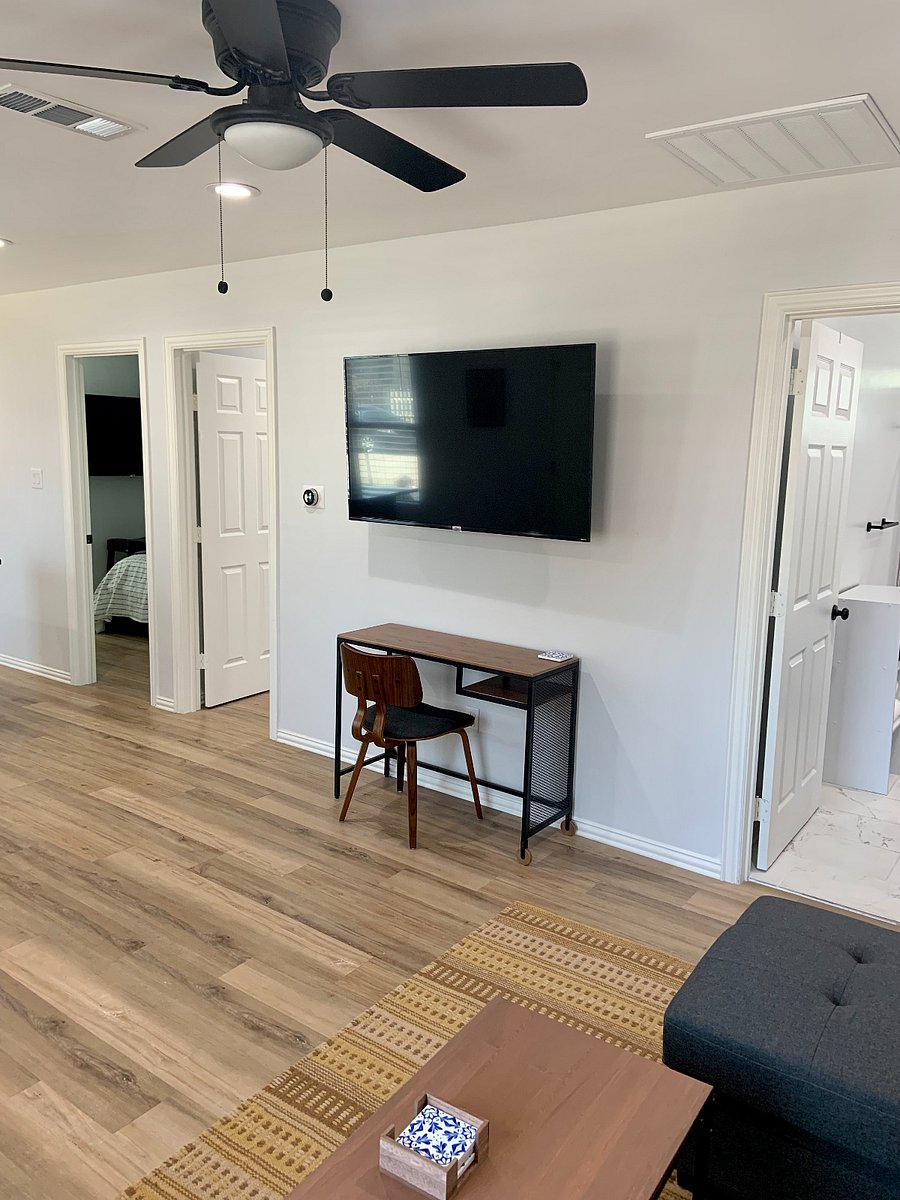 mounted tv and desk area