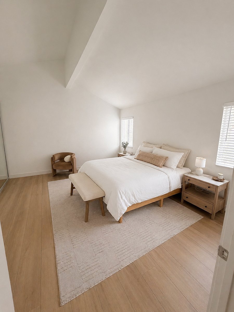 master bedroom with newly renovated flooring