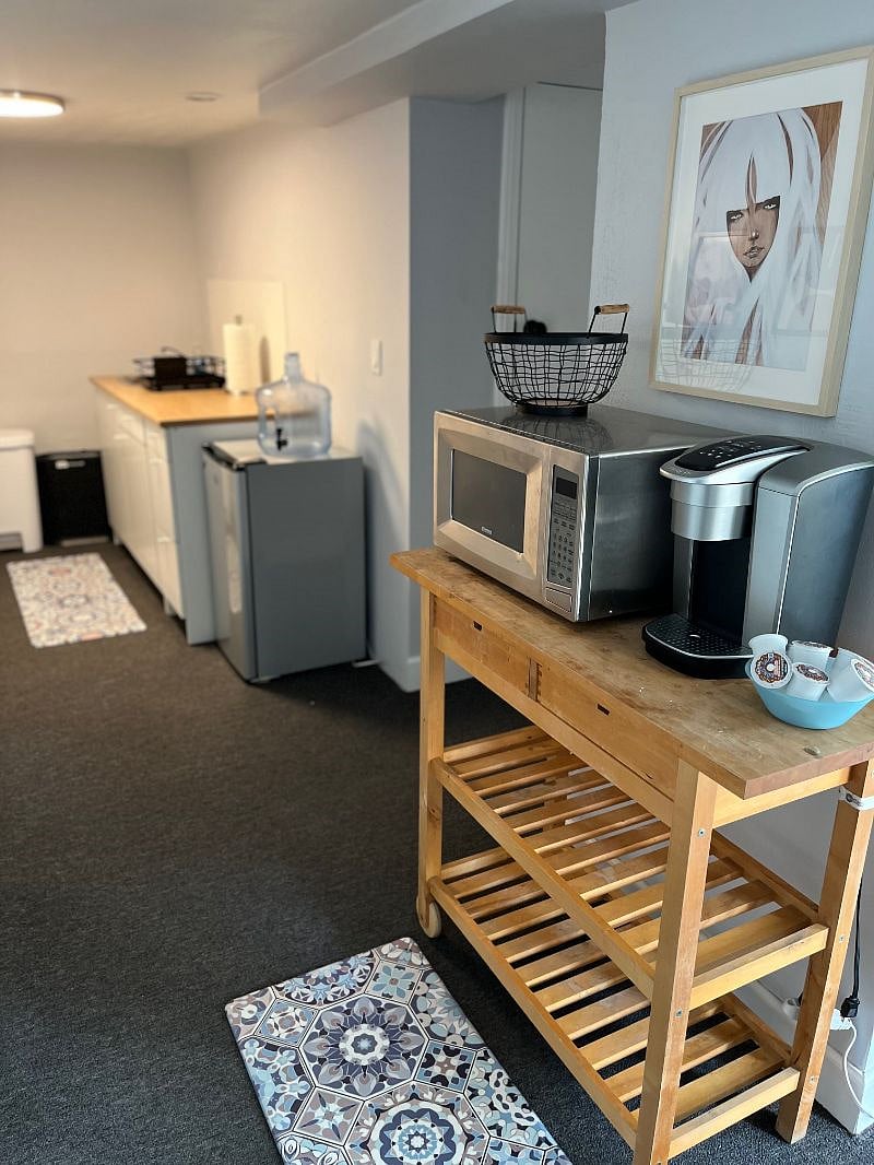 Kitchenette Area with Mini Fridge, Microwave, Keurig, Induction Cooktop, Air Fryer