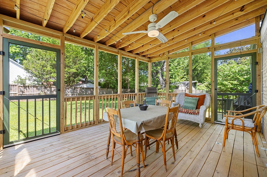 Private screened-in deck with ceiling fan and lights