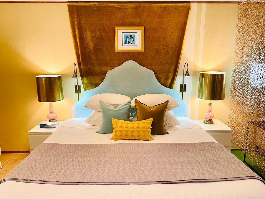 Venetian glass table lamp pair, ca.1960's. Lampshades by Leonard R. Foss of Alameda, CA, ca. 1950's. Adjustable reading lights flank the bed.
