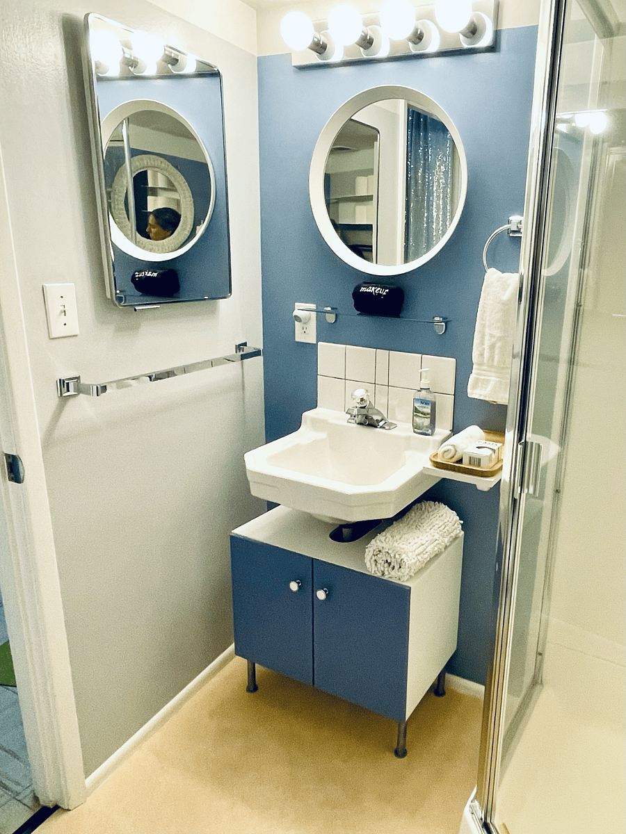 Good storage: medicine cabinet, shelving, towel racks and ring. Separate linen closet in bathroom.