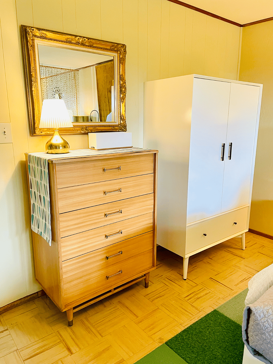 Armoire by West Elm 'Mid Century' line, high-end contemporary. Dresser by Milo Baughman for Drexel's 'Todays Living' line, ca. 1955.