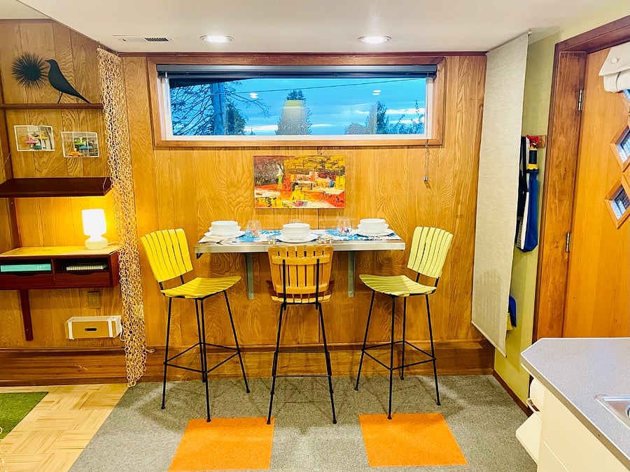 Dining for three or laptop work at 47" table. Chairs by Arthur Umanoff, ca. 1960's.