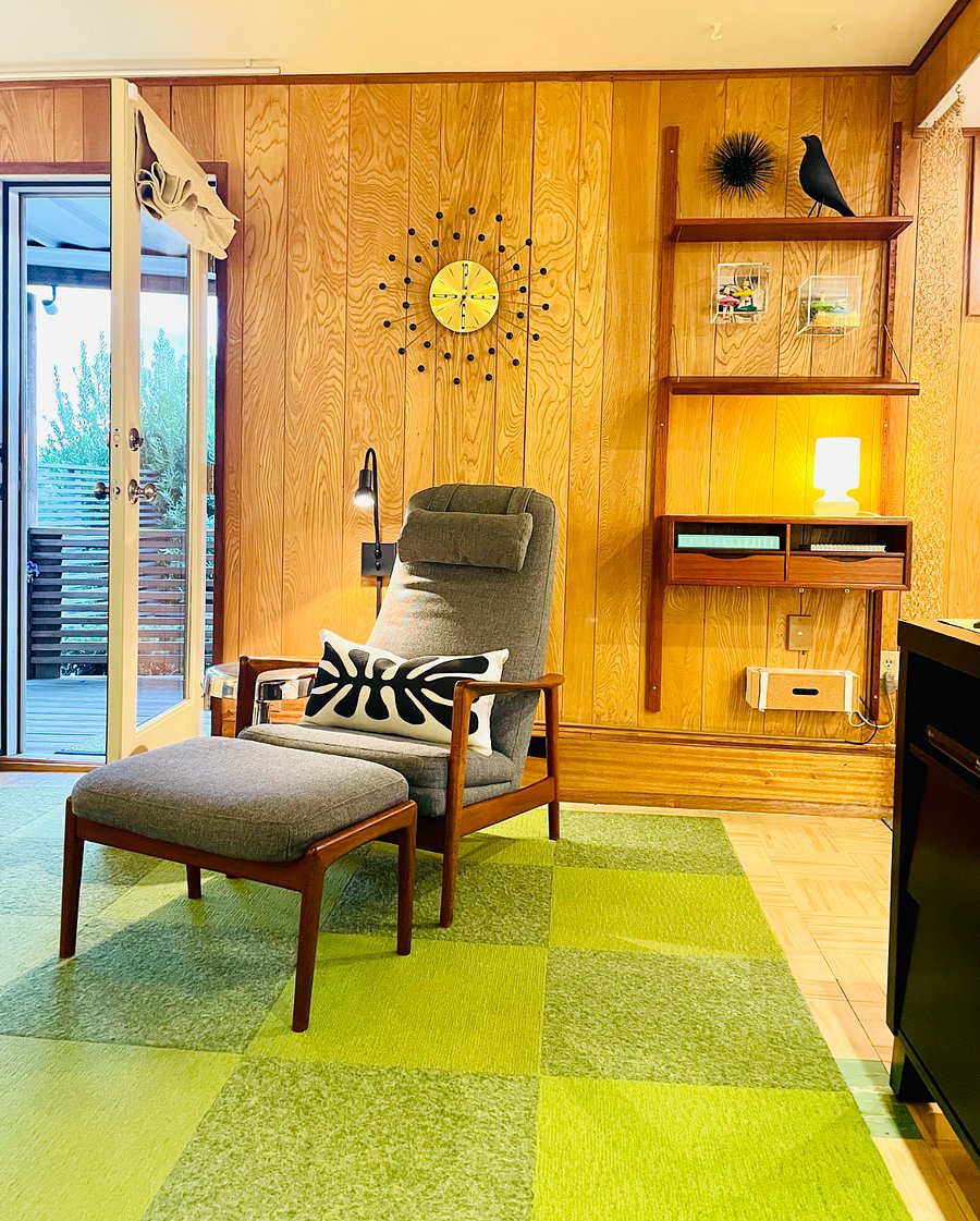 Lounge chair/ottoman by Folke Ohlsson for DUX of Sweden, 1960. Danish teak wall unit, designer unknown, ca.1960's. Seth Thomas wall clock, ca. 1960's.