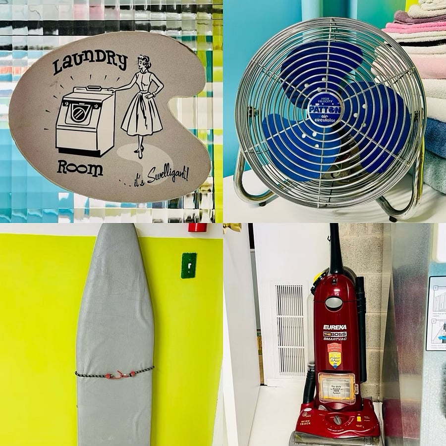 Full-size ironing board. Steam iron by CHI. Patton room fan, ca. 1980's. Upright vacuum cleaner by Eureka 'The Boss' SmartVac.
