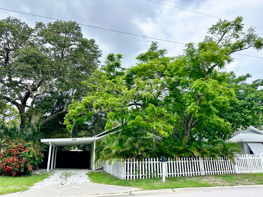 Carport parking, fenced yard, mature tree, hammock, firepit, outdoor seating, quiet neighborhood.