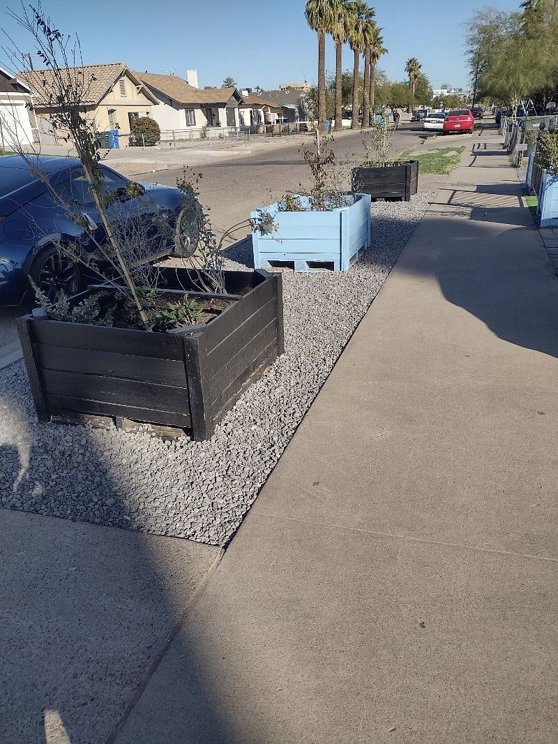 Planter boxes with trees and flowers along sidewalk area