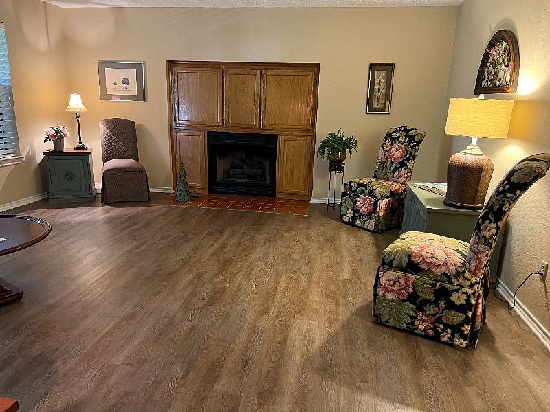 Living room with fire place,
