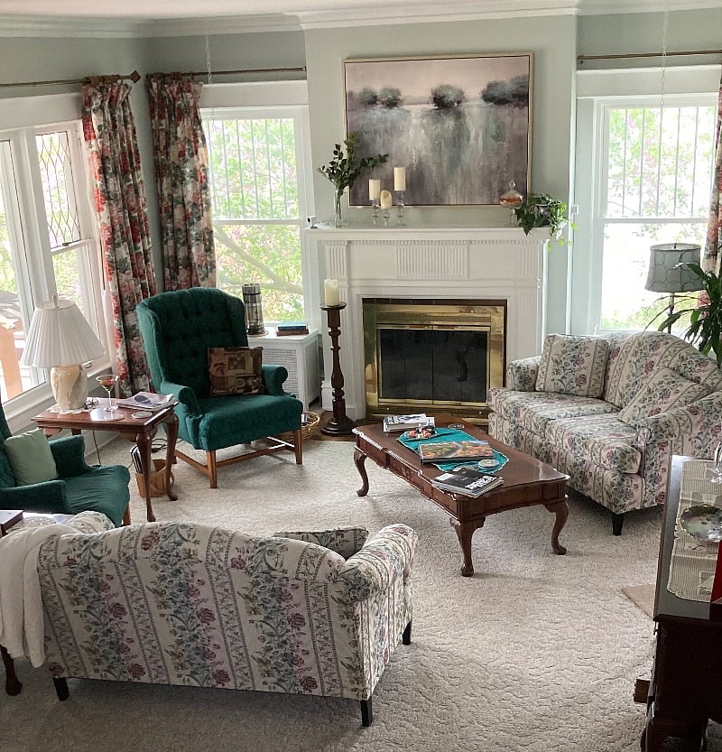 Comfy living room features a gas log fireplace.