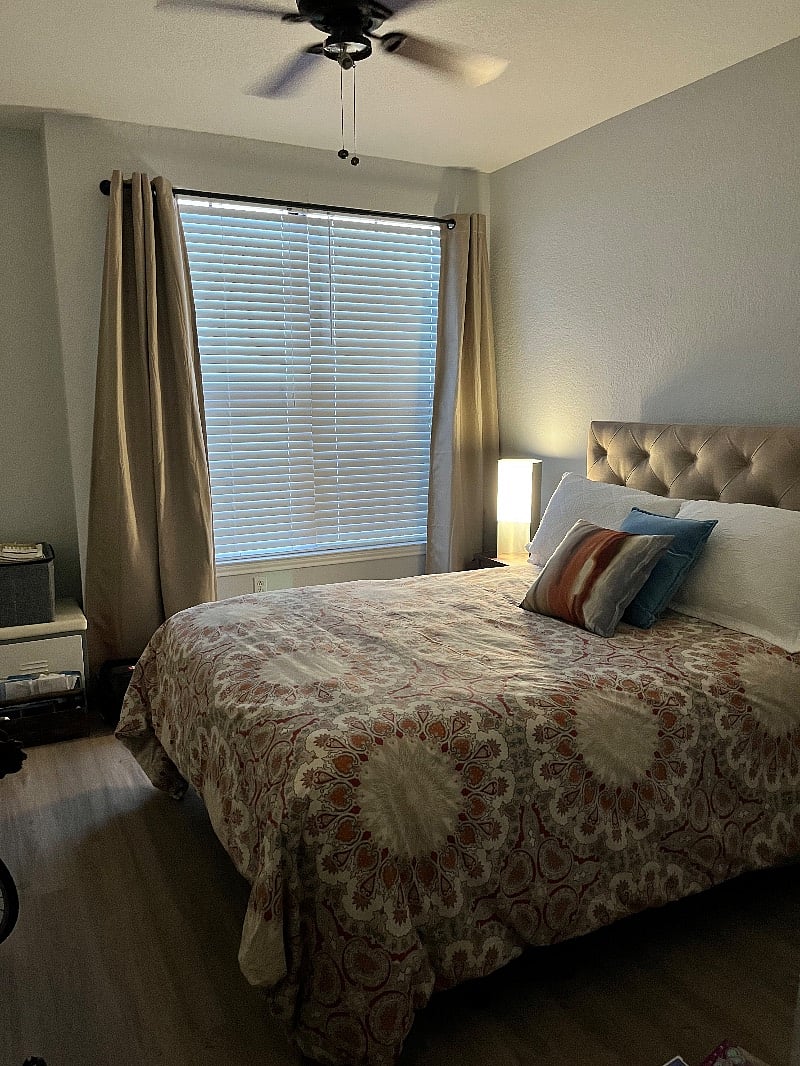 Spare bedroom with black out curtains. This closet will have a lock. Does have access to second full bathroom.