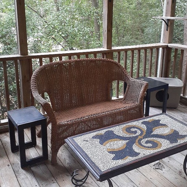 Patio/Catio love seat, tarrazo  table. with side tables.